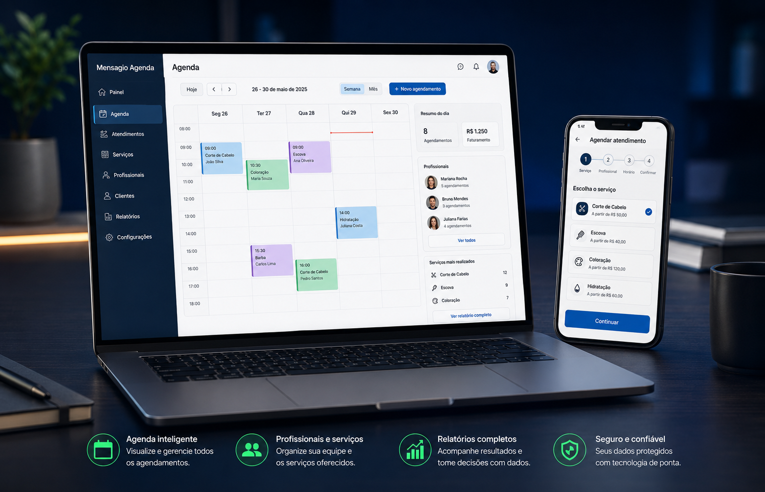 Mockup do sistema Mensagio Agenda em notebook e celular